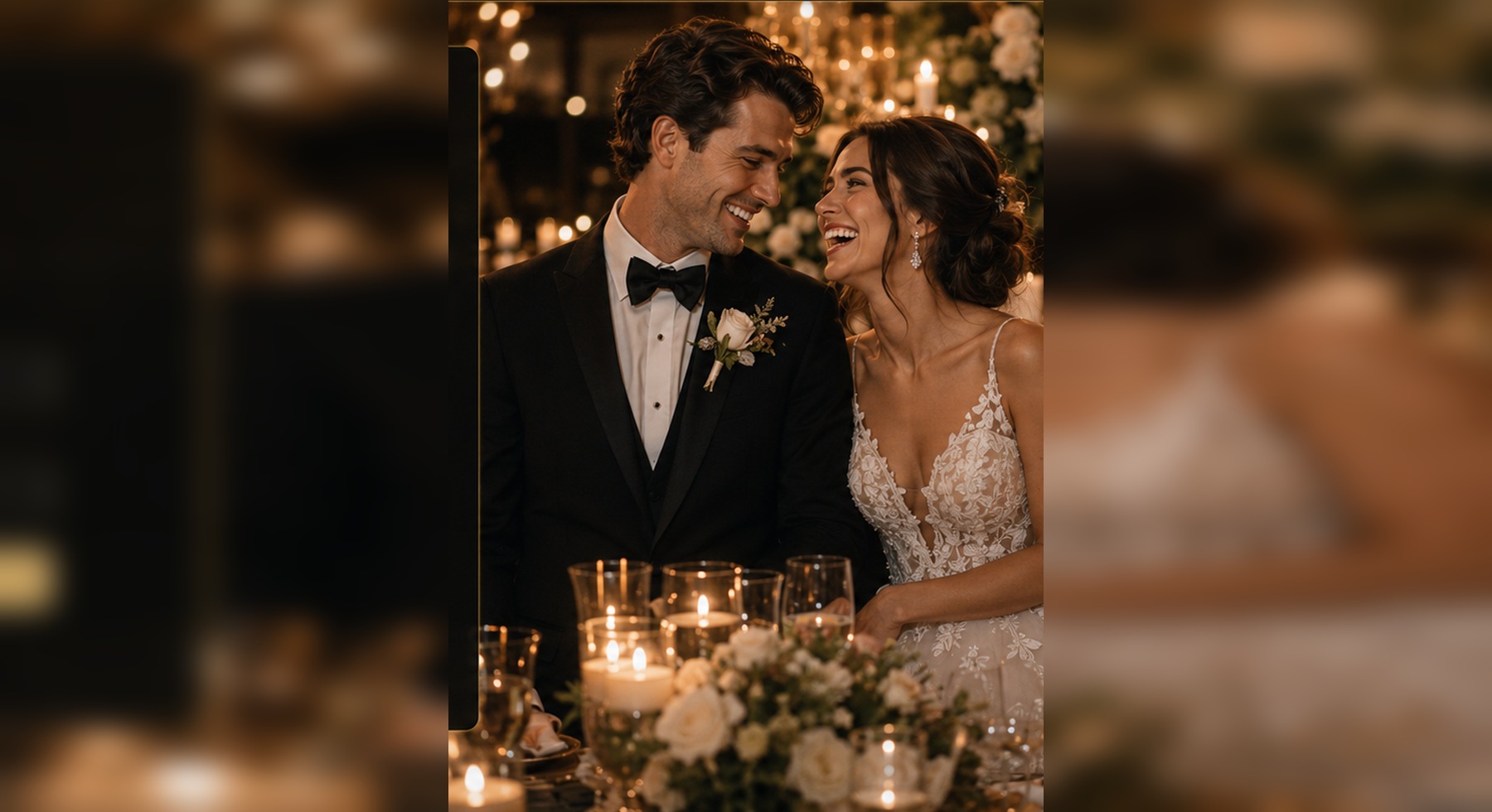 Elegant wedding couple smiling together at a candlelit reception