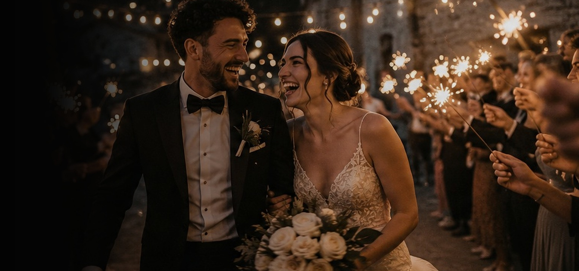 Wedding couple surrounded by sparklers
