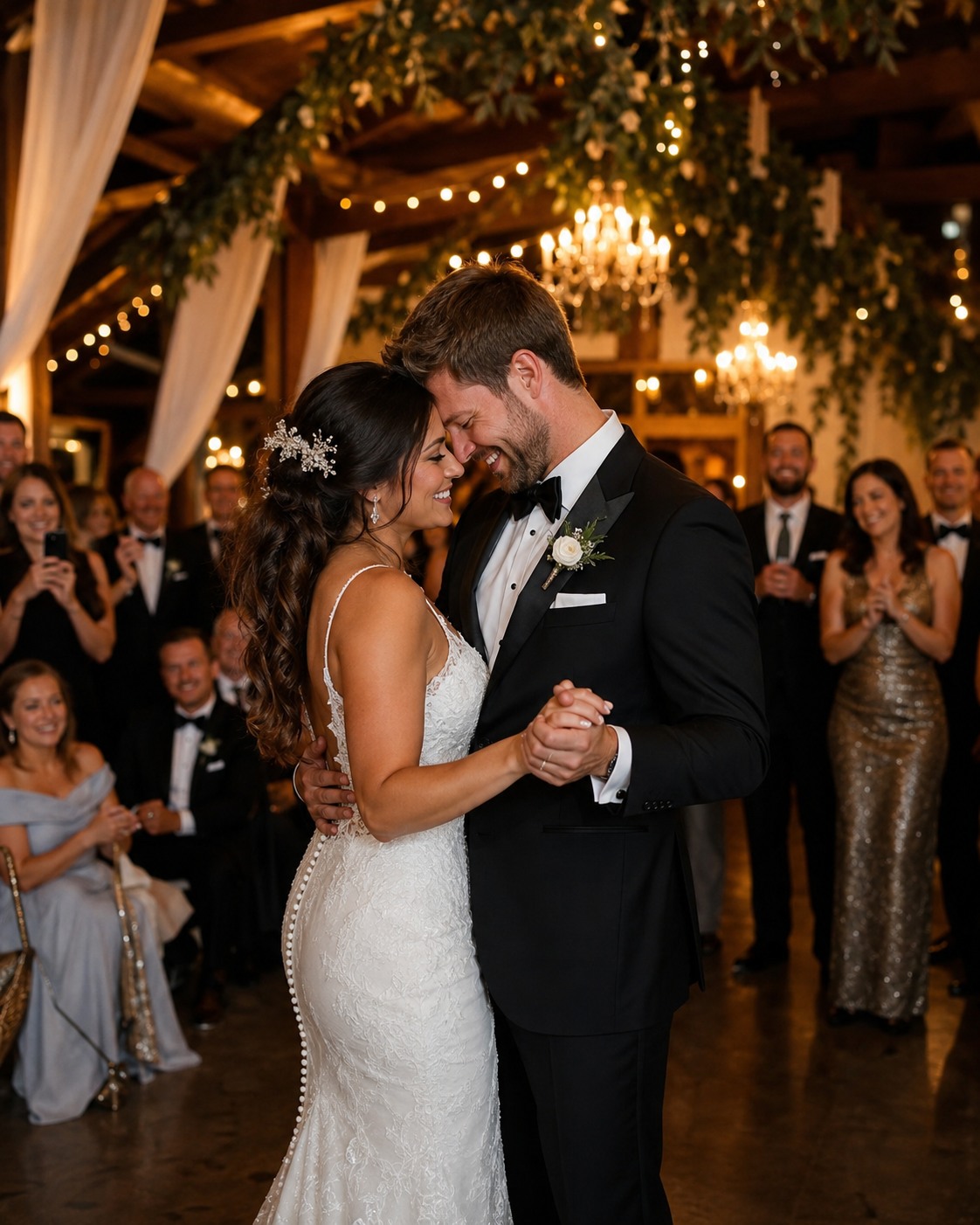 A newly married couple enjoying their first dance