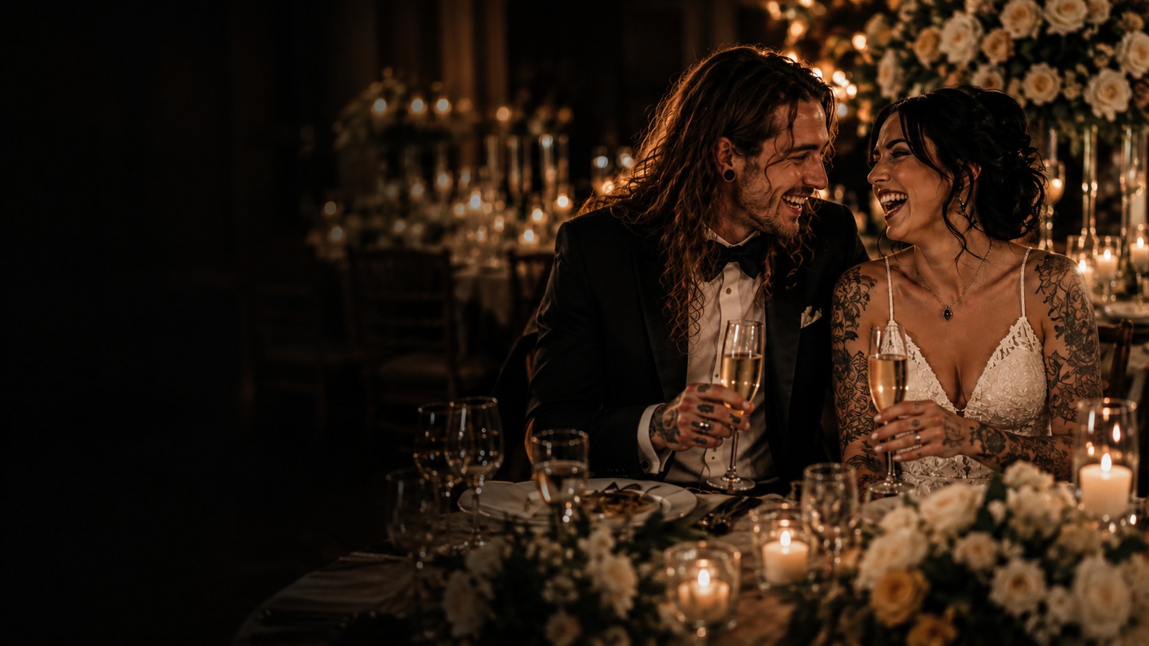 Newlyweds laughing together during their wedding reception