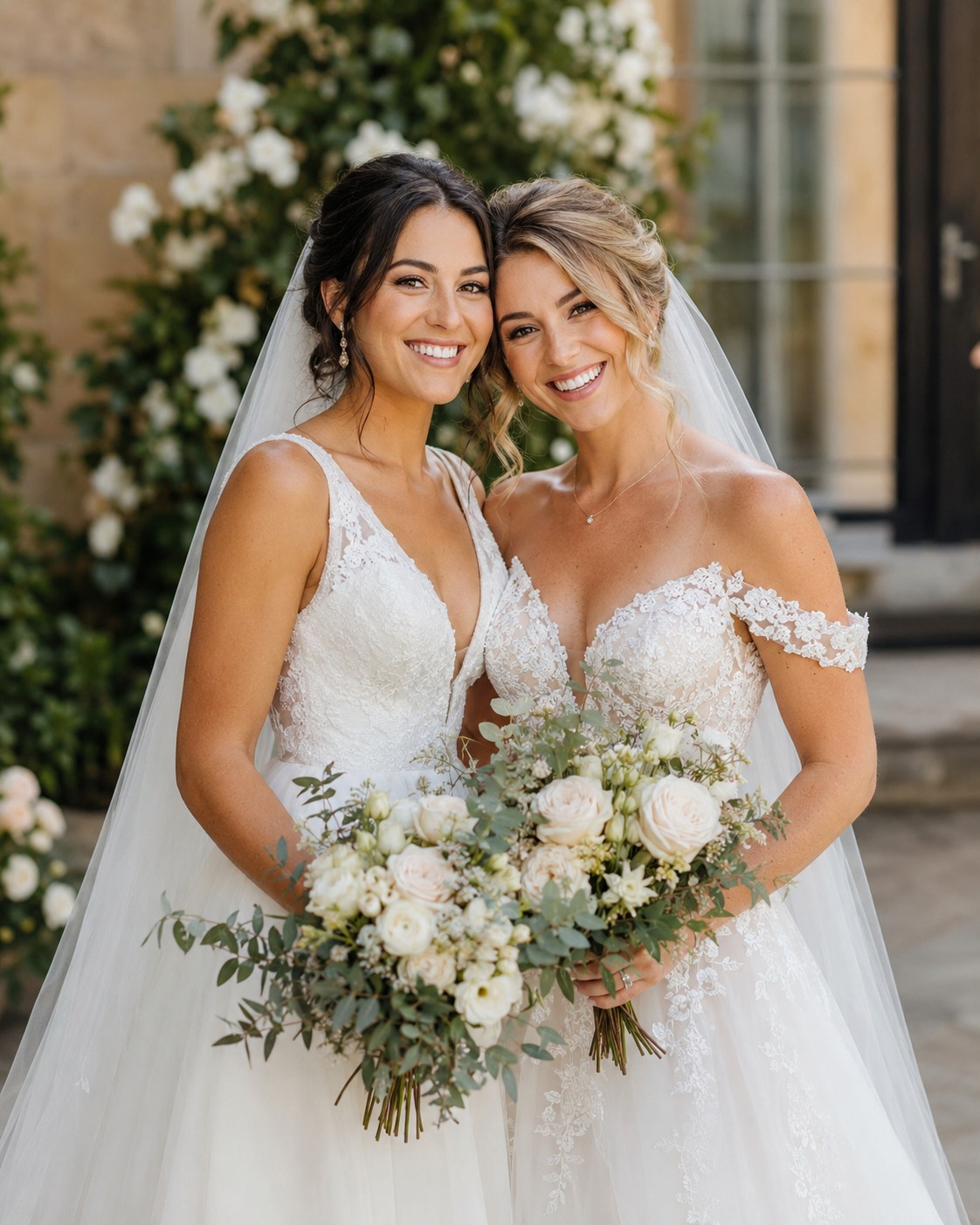 Two brides smiling together on their wedding day