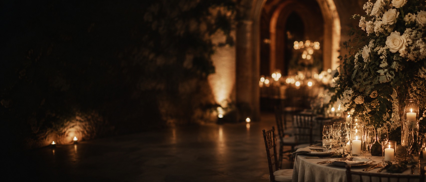 Candlelit wedding reception table with flowers
