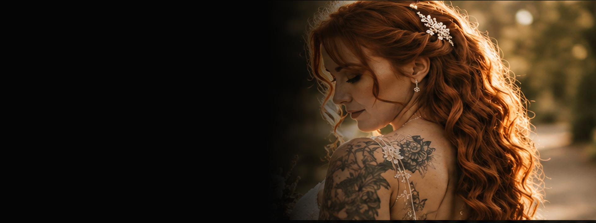Red-haired tattooed bride in warm evening light on her wedding day